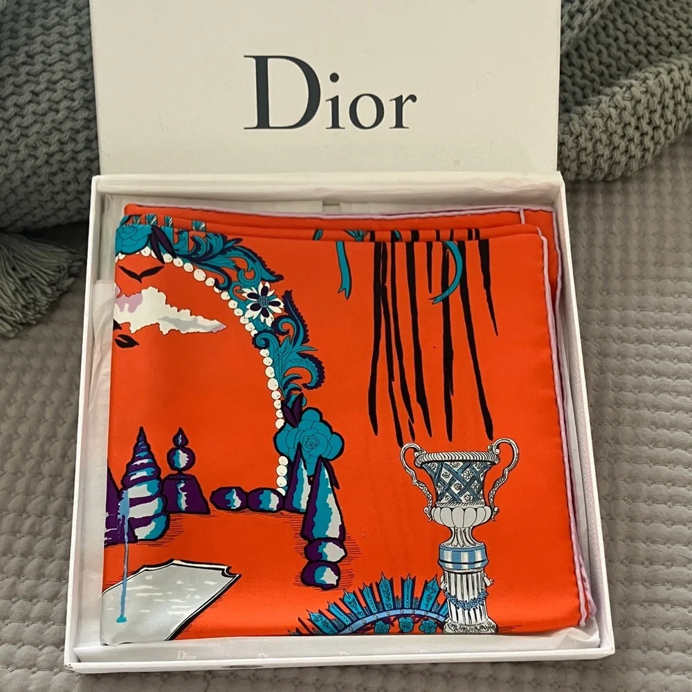 Dior Vibrant Orange Scarf with Blue and Purple Accents